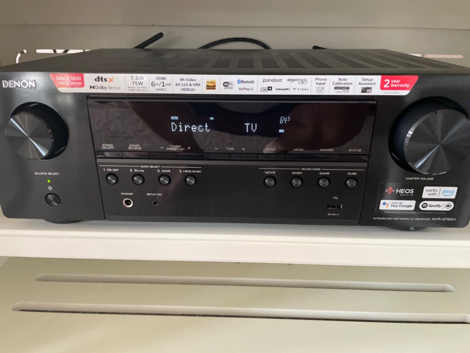 Denon AVR-S760H 7.2 Ch AVR - 75 W/Ch (2021 Model), Advanced 8K Upscaling, Dolby Atmos Height Virtualization, DTS Virtual:X & More, Built-in HEOS, Amazon Alexa Voice Control Customer Review Denon AVR-S760H 7.2 Ch AVR - 75 W/Ch (2021 Model), Advanced 8K Upscaling, Dolby Atmos Height Virtualization, DTS Virtual:X & More, Built-in HEOS, Amazon Alexa Voice Control - Customer Photo 1