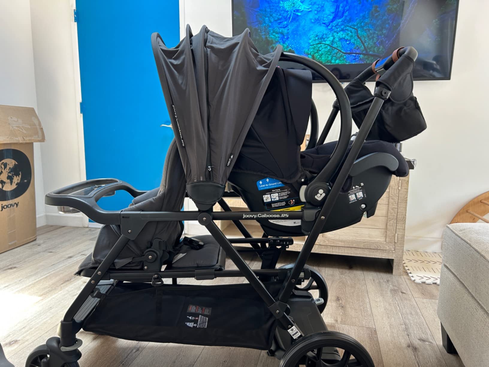 Joovy Caboose RS Sit & Stand Double Stroller for Children Up to 55 lb. with All-Terrain Wheels, UPF50+ Sun Canopy & Magnetic 5-Point Safety Harnesses, Slate Customer Review Joovy Caboose RS Sit & Stand Double Stroller for Children Up to 55 lb. with All-Terrain Wheels, UPF50+ Sun Canopy & Magnetic 5-Point Safety Harnesses, Slate - Customer Photo 1
