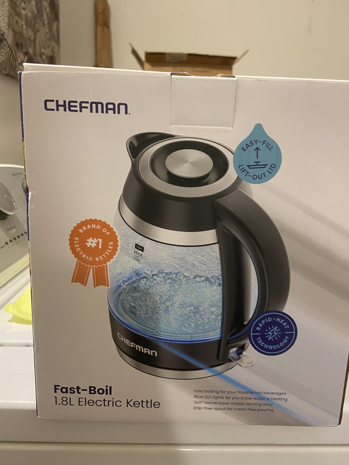 Chefman Electric Kettle, 1.8L 1500W, Hot Water Boiler, Removable Lid for Easy Cleaning, Auto Shut Off, Boil-Dry Protection, Stainless Steel Filter, BPA Free, Borosilicate Glass Electric Tea Kettle Customer Review Chefman Electric Kettle, 1.8L 1500W, Hot Water Boiler, Removable Lid for Easy Cleaning, Auto Shut Off, Boil-Dry Protection, Stainless Steel Filter, BPA Free, Borosilicate Glass Electric Tea Kettle - Customer Photo 1