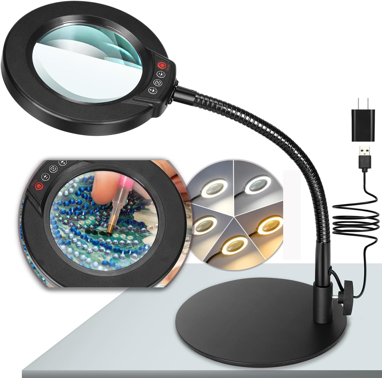 10X Magnifying Glass with Light and Stand, 5 Color Modes Stepless Dimmable LED Lighted Desk Lamp, Hands Free Flexible Gooseneck Magnifier with Light for Craft Hobby Painting Sewing Close Work Customer Review 10X Magnifying Glass with Light and Stand, 5 Color Modes Stepless Dimmable LED Lighted Desk Lamp, Hands Free Flexible Gooseneck Magnifier with Light for Craft Hobby Painting Sewing Close Work - Customer Photo 1