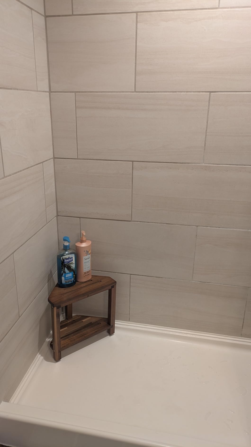 IBosins Corner Shower Stool with Storage Shelf Shower Foot Rest for Shaving Legs Small Bench for Inside Shower to Sit on Bath Seat - Acacia Wood Customer Review IBosins Corner Shower Stool with Storage Shelf Shower Foot Rest for Shaving Legs Small Bench for Inside Shower to Sit on Bath Seat - Acacia Wood - Customer Photo 1