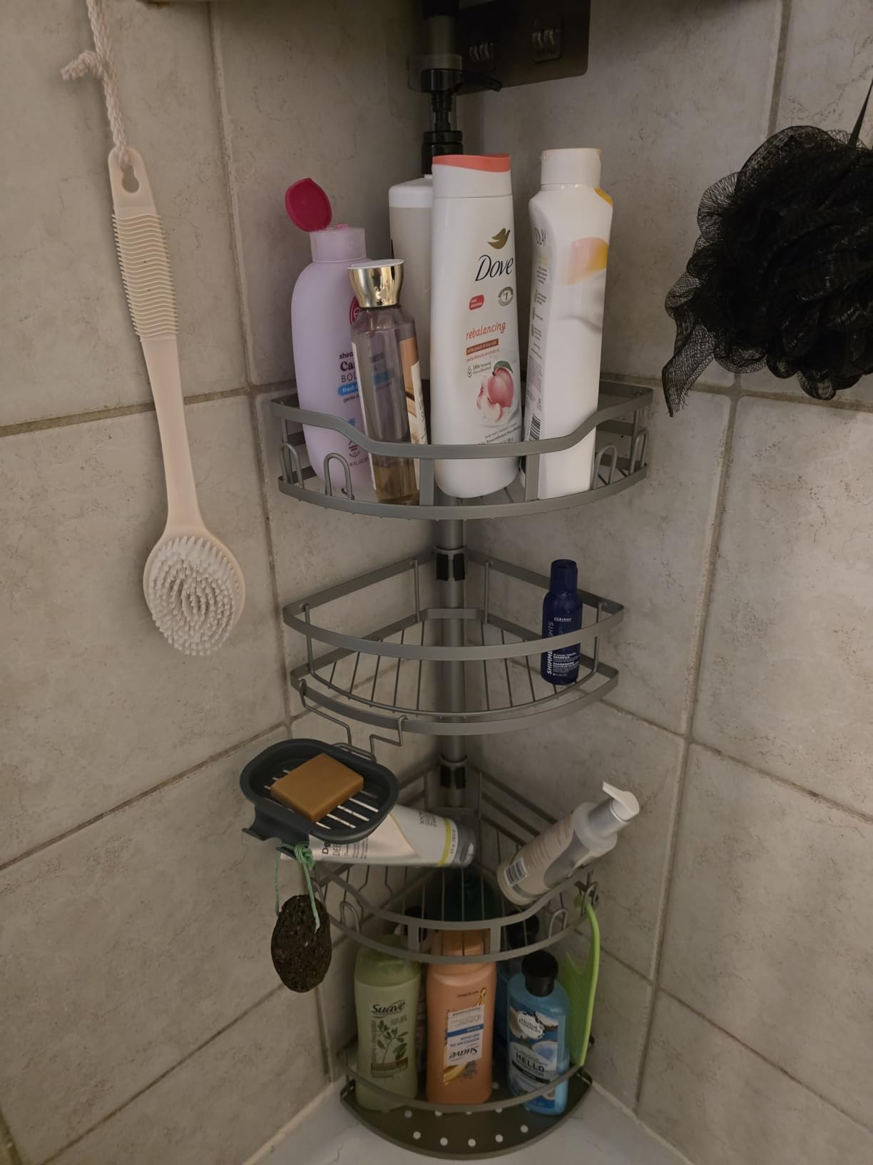 HAMITOR Corner Shower Caddy Tension Pole: Rustproof 4-Tier Bathroom Organizer Shelves for Bathtub Shampoo Storage - 47-121 Inch Quick Install Adjustable Rod Standing Rack with Soap Rack - Silver Gray Customer Review HAMITOR Corner Shower Caddy Tension Pole: Rustproof 4-Tier Bathroom Organizer Shelves for Bathtub Shampoo Storage - 47-121 Inch Quick Install Adjustable Rod Standing Rack with Soap Rack - Silver Gray - Customer Photo 2