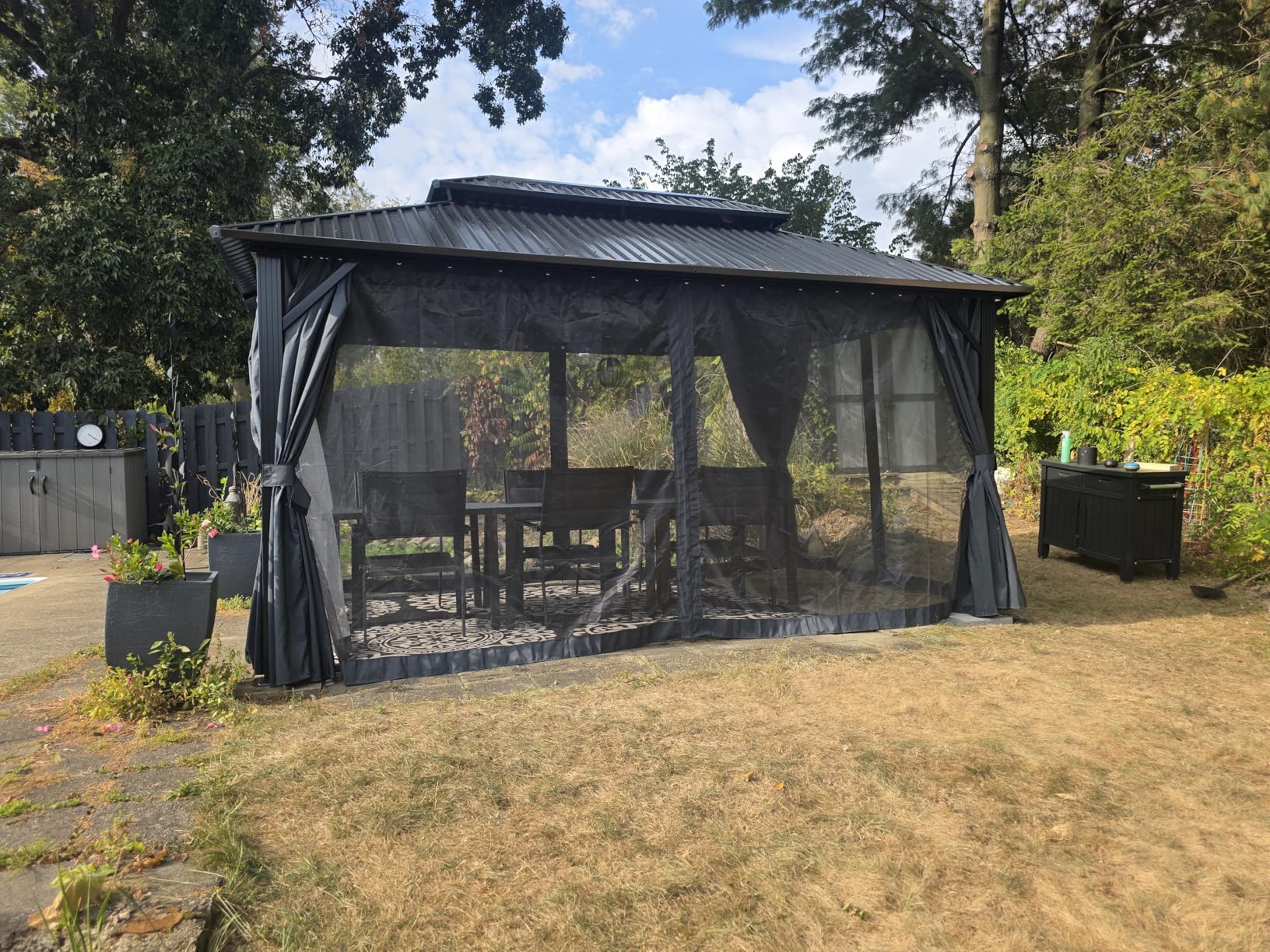HOTEEL 10x12 Hardtop Gazebo Hot Tub Gazebo with Flame-Retardant Curtain Netting, Heavy Duty Pavilion with Galvanized Steel Double Roof, Aluminum Frame Outdoor Canopy for Patio, Party (2025 Upgraded) Customer Review HOTEEL 10x12 Hardtop Gazebo Hot Tub Gazebo with Flame-Retardant Curtain Netting, Heavy Duty Pavilion with Galvanized Steel Double Roof, Aluminum Frame Outdoor Canopy for Patio, Party (2025 Upgraded) - Customer Photo 1