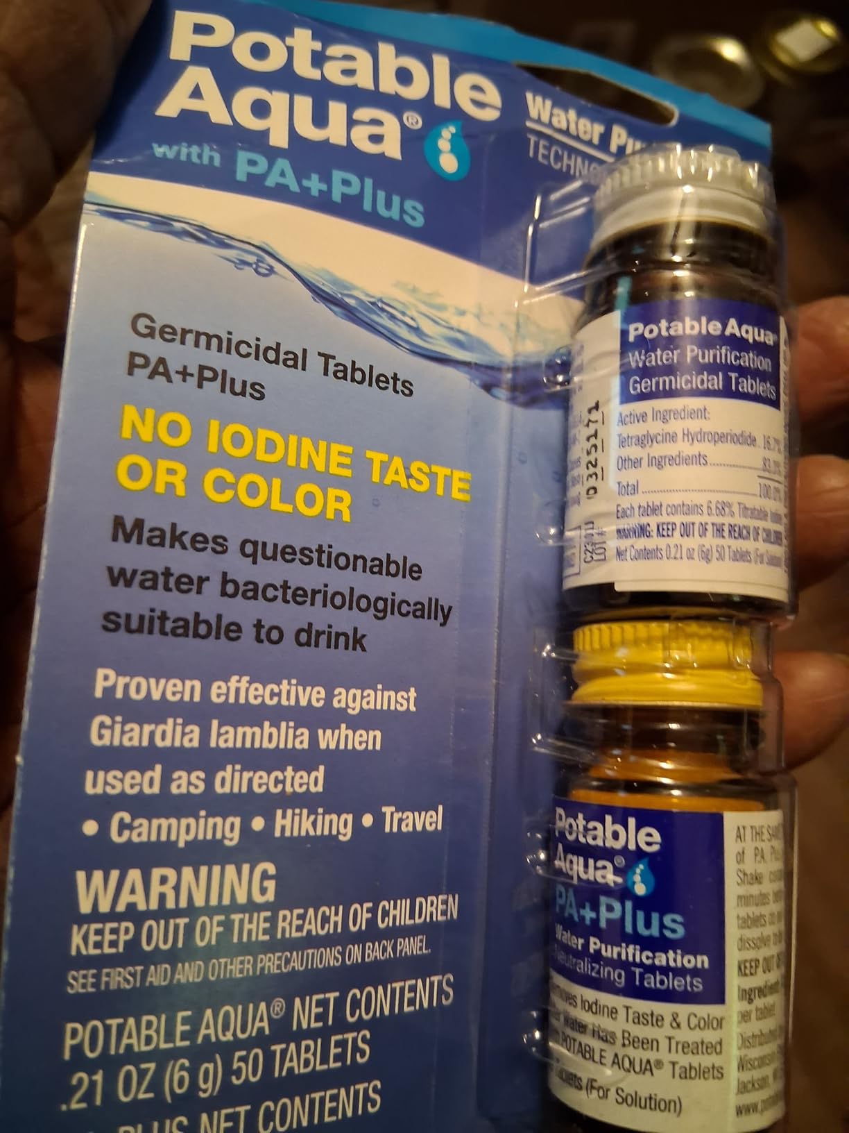 Potable Aqua Water Purification Tablets with PA Plus, Portable and Effective Solution for Camping, Hiking, Emergencies, Natural Disasters and International Travel, Two 50ct Bottles Customer Review Potable Aqua Water Purification Tablets with PA Plus, Portable and Effective Solution for Camping, Hiking, Emergencies, Natural Disasters and International Travel, Two 50ct Bottles - Customer Photo 1