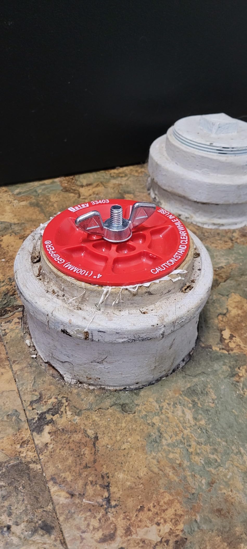 Oatey 33403 Plastic Plug (with Galvanized screw and wing nut), 4-Inch, Red Customer Review Oatey 33403 Plastic Plug (with Galvanized screw and wing nut), 4-Inch, Red - Customer Photo 1