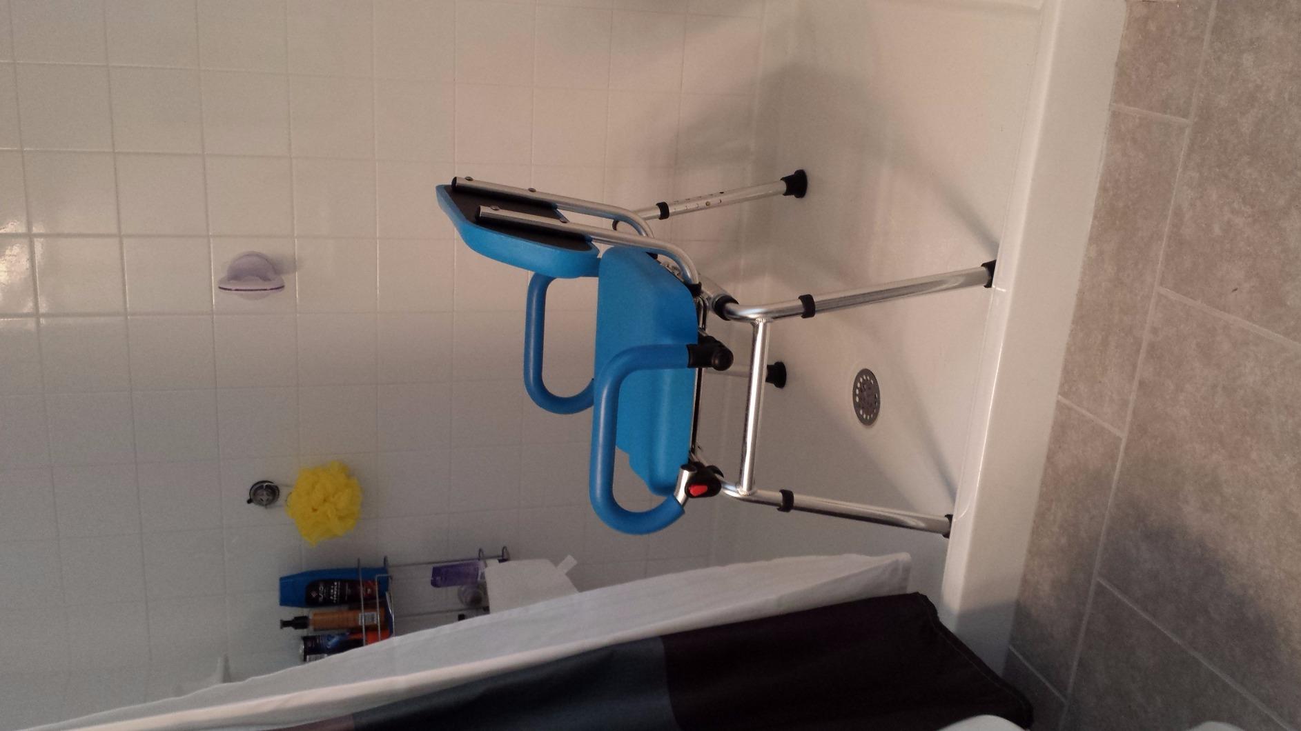 Platinum Health Carousel Sliding Shower Chair Tub Transfer Bench with Swivel Seat, Premium Padded, Pivoting Arms, Adjustable Space Saving Design for Tubs, Inside Shower, for Handicap & Seniors, Blue Customer Review Platinum Health Carousel Sliding Shower Chair Tub Transfer Bench with Swivel Seat, Premium Padded, Pivoting Arms, Adjustable Space Saving Design for Tubs, Inside Shower, for Handicap & Seniors, Blue - Customer Photo 1