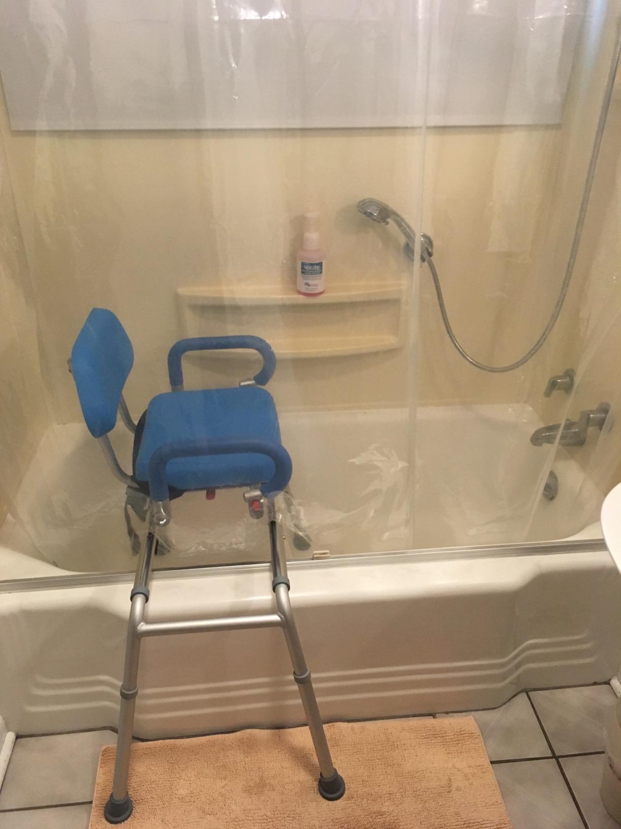 Platinum Health Carousel Sliding Shower Chair Tub Transfer Bench with Swivel Seat, Premium Padded, Pivoting Arms, Adjustable Space Saving Design for Tubs, Inside Shower, for Handicap & Seniors, Blue Customer Review Platinum Health Carousel Sliding Shower Chair Tub Transfer Bench with Swivel Seat, Premium Padded, Pivoting Arms, Adjustable Space Saving Design for Tubs, Inside Shower, for Handicap & Seniors, Blue - Customer Photo 2