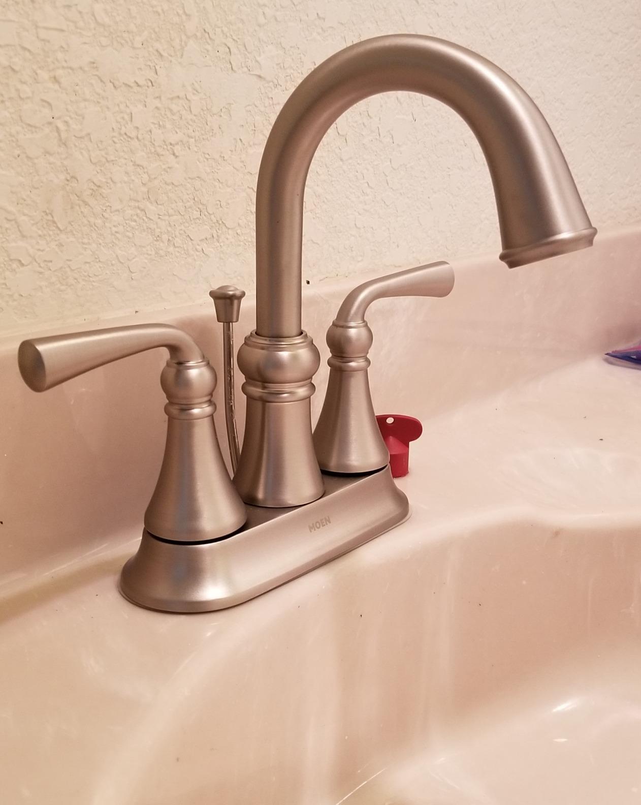 Moen Wetherly Spot Resist Brushed Nickel Two-Handle Centerset Bathroom Faucet with Drain Assembly, WS84850SRN - Customer Photo 4