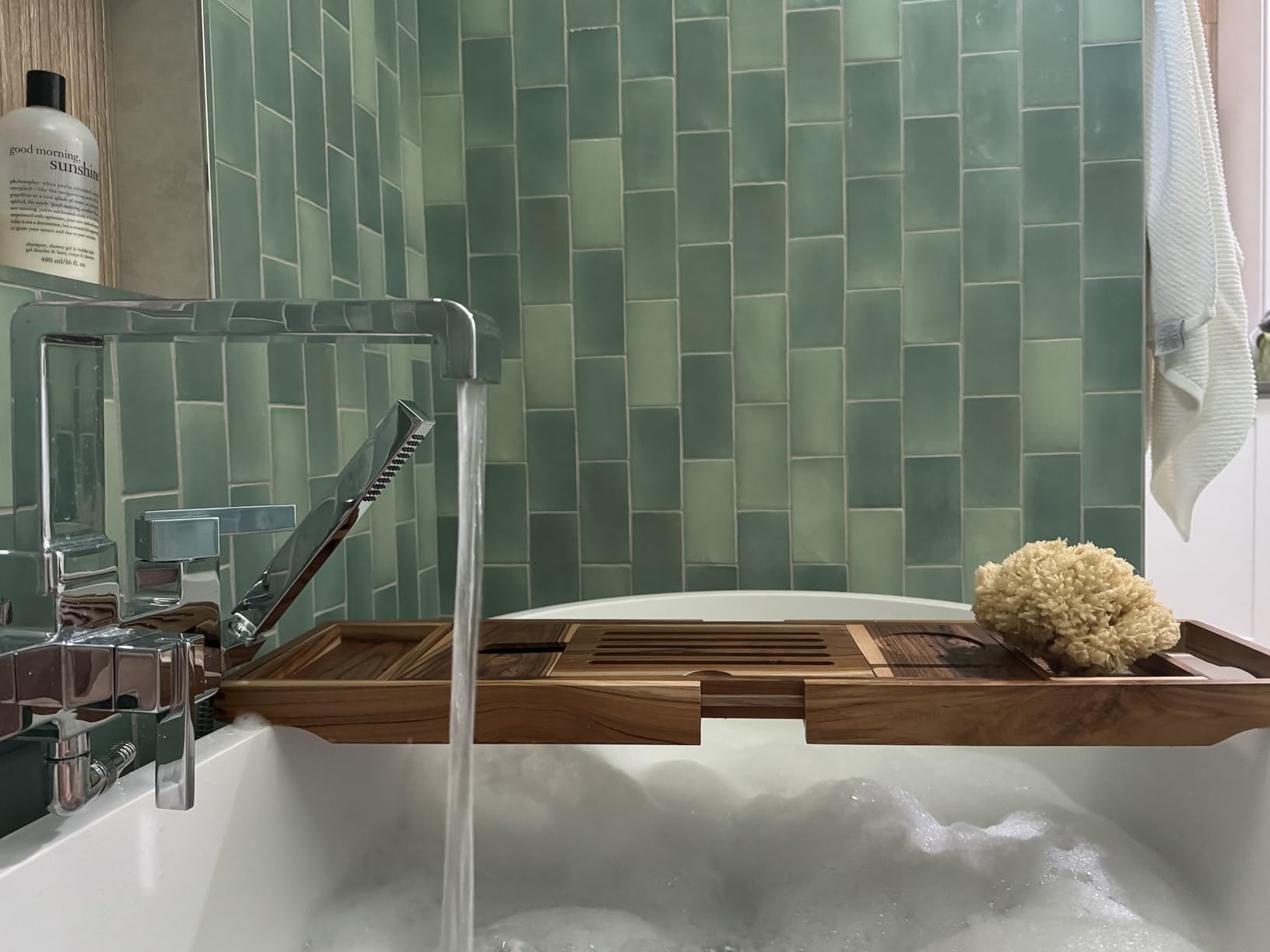 XcE Teak Bathtub Tray Expandable to 105cm with Solid Book Stand and Soap Tray, Teak Customer Review XcE Teak Bathtub Tray Expandable to 105cm with Solid Book Stand and Soap Tray, Teak - Customer Photo 2