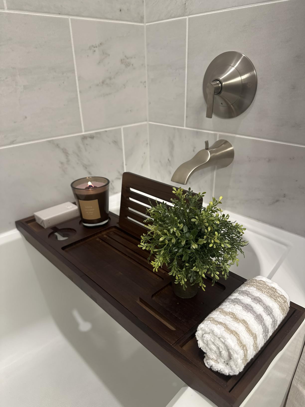 Teak Bathtub Tray - Luxury Bath Tray with Expandable Handles, Wine Glass and Phone Holders, Book Stand - Perfect for Home Spa Relaxation and Reading - Natural Bath Accessories - Light Walnut Color Customer Review Teak Bathtub Tray - Luxury Bath Tray with Expandable Handles, Wine Glass and Phone Holders, Book Stand - Perfect for Home Spa Relaxation and Reading - Natural Bath Accessories - Light Walnut Color - Customer Photo 2