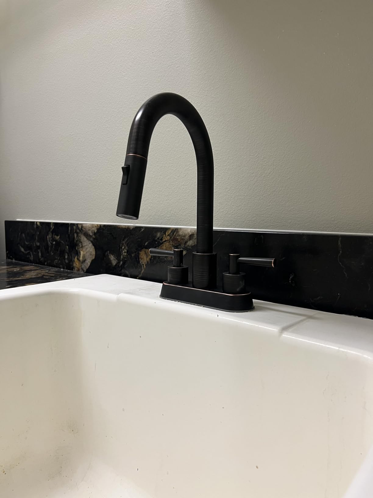 Bathroom Sink Faucet with Pull Out Sprayer 2 Handles, Brushed Nickel Pull Down Bathroom Faucet 3 Holes, 4 Inch Sink Faucet Bathroom, 360 Degree Swivel Spout, Pop Up Drain Assembly Included - Customer Photo 3