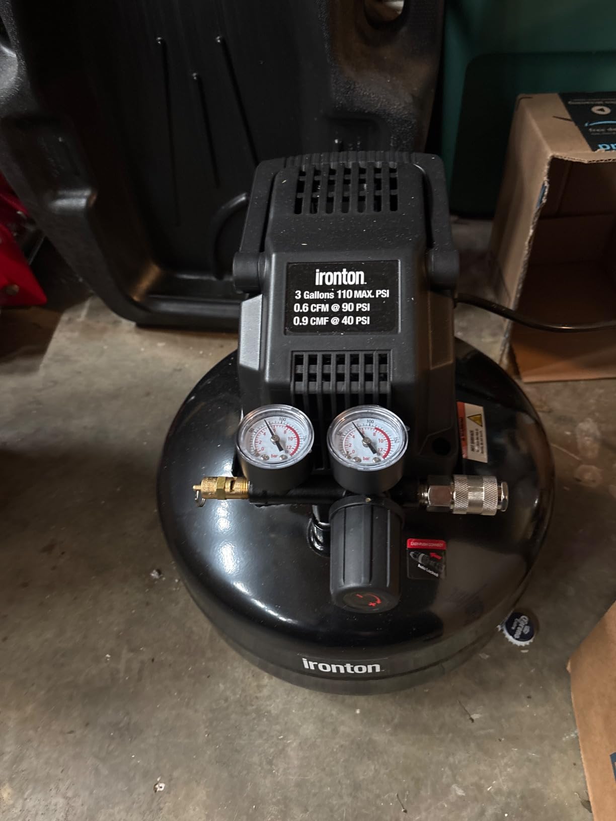 Ironton Oil-Free Pancake Air Compressor, 0.3 HP, 3 Gallons, 110 PSI Customer Review Ironton Oil-Free Pancake Air Compressor, 0.3 HP, 3 Gallons, 110 PSI - Customer Photo 2
