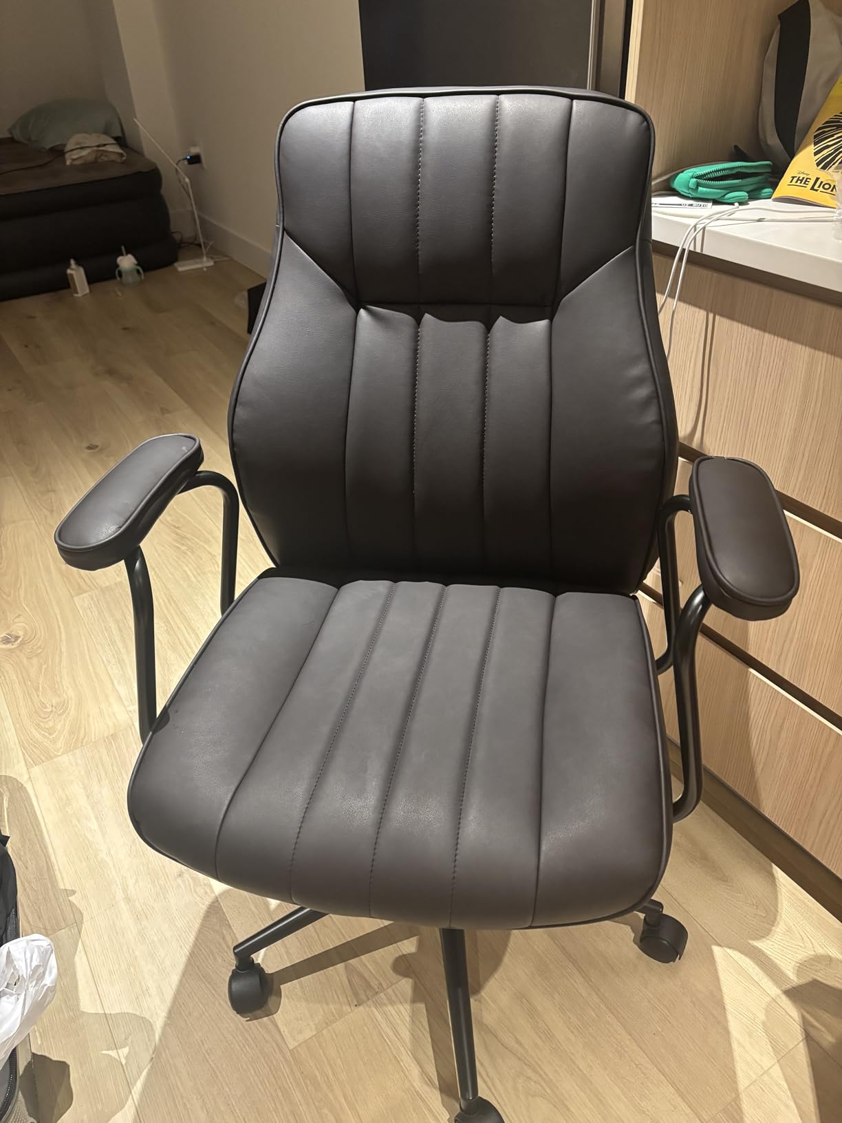 Brown Leather Office Desk Chair with Wheels and Arms, Height Adjustable, Vintage, Mid Century Modern Style Customer Review Brown Leather Office Desk Chair with Wheels and Arms, Height Adjustable, Vintage, Mid Century Modern Style - Customer Photo 1
