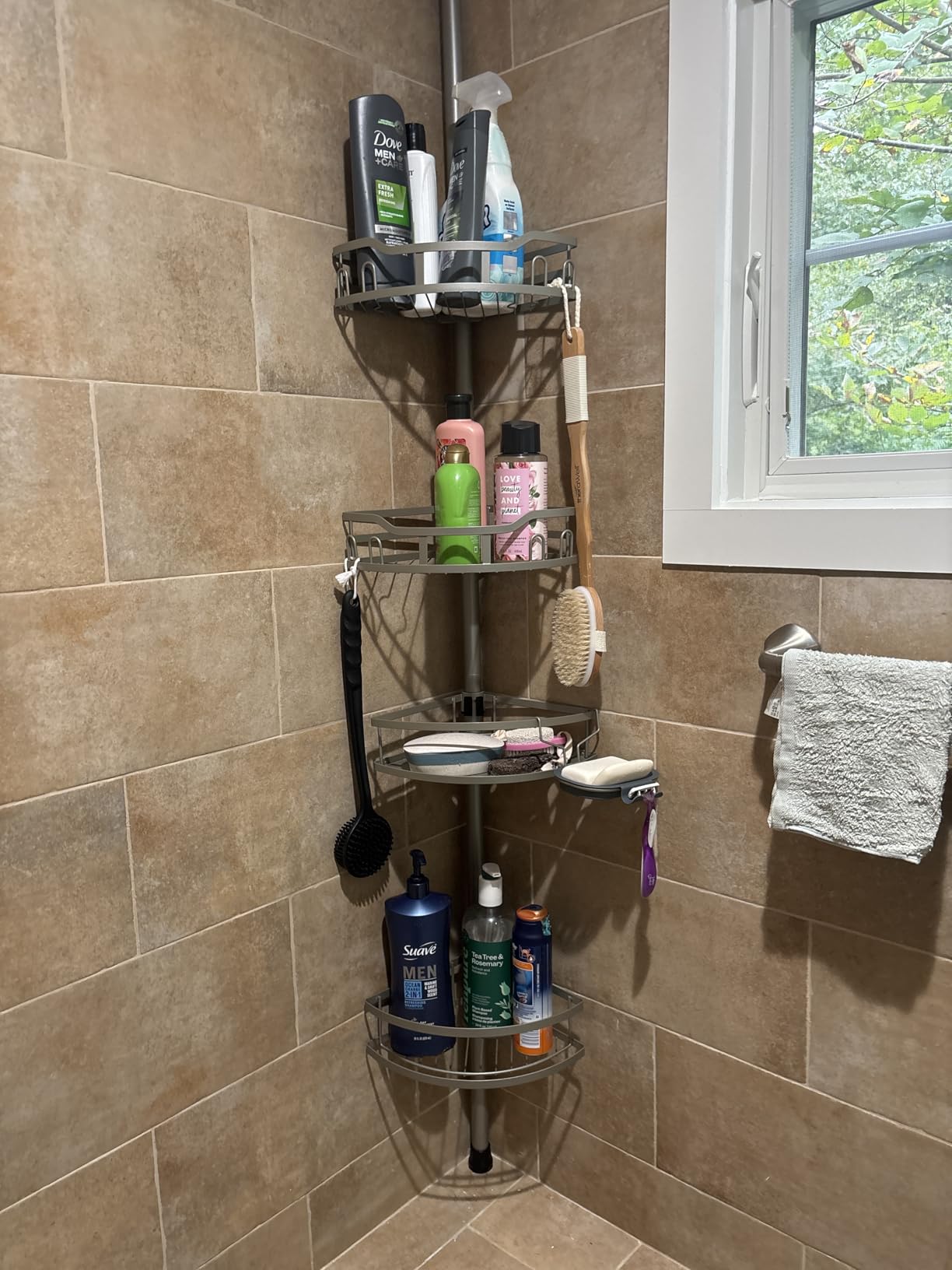 HAMITOR Corner Shower Caddy Tension Pole: Rustproof 4-Tier Bathroom Organizer Shelves for Bathtub Shampoo Storage - 47-121 Inch Quick Install Adjustable Rod Standing Rack with Soap Rack - Silver Gray Customer Review HAMITOR Corner Shower Caddy Tension Pole: Rustproof 4-Tier Bathroom Organizer Shelves for Bathtub Shampoo Storage - 47-121 Inch Quick Install Adjustable Rod Standing Rack with Soap Rack - Silver Gray - Customer Photo 1