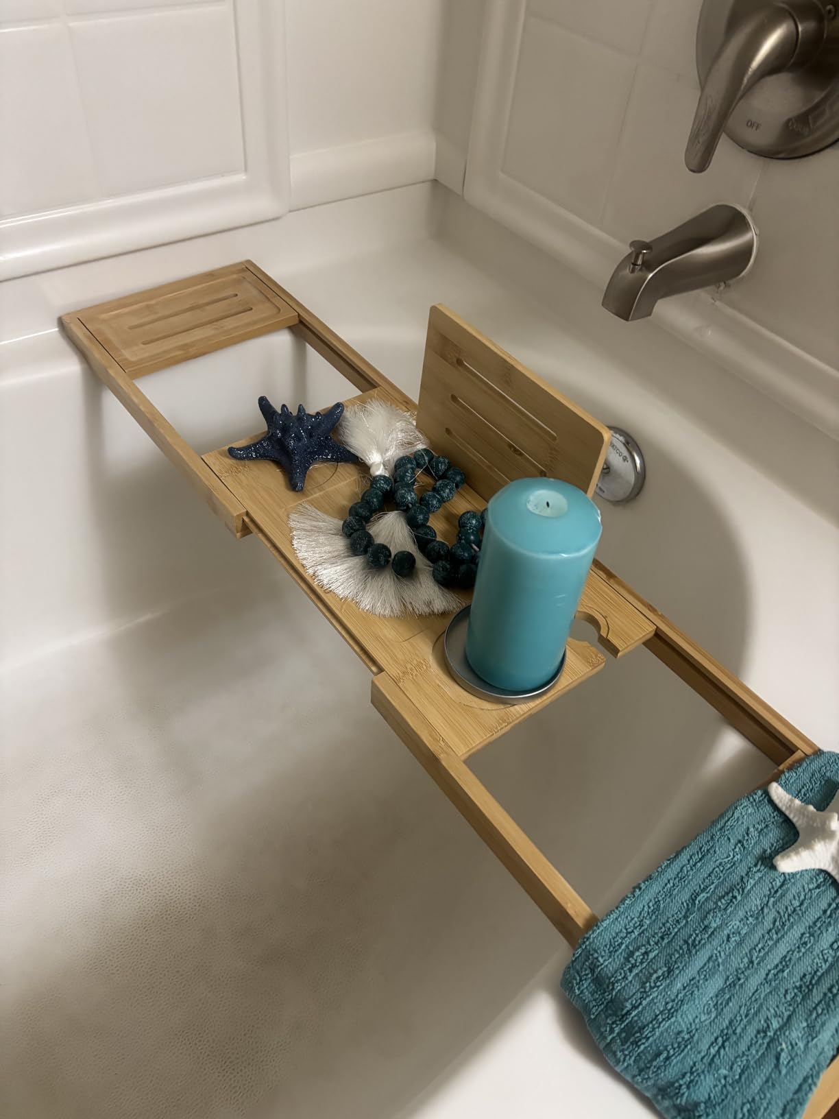Premium Teak Bathtub Tray Caddy, Expandable Wooden Bath Tray for Bathub, Luxury Bathtub & Bathroom Accessories, Great House Warming, Anniversary & Wedding and Birthday Gifts Customer Review Premium Teak Bathtub Tray Caddy, Expandable Wooden Bath Tray for Bathub, Luxury Bathtub & Bathroom Accessories, Great House Warming, Anniversary & Wedding and Birthday Gifts - Customer Photo 1