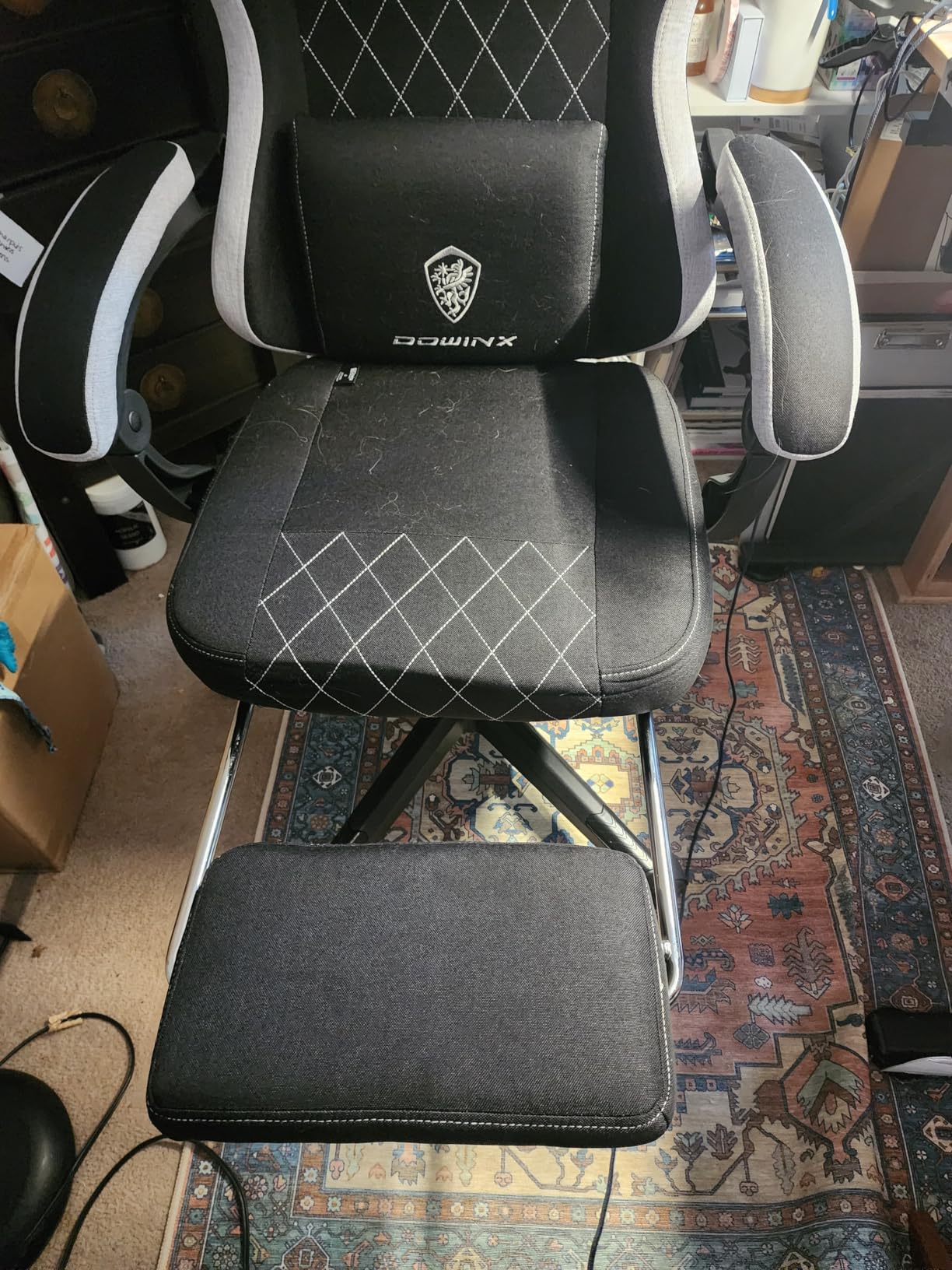 Dowinx Gaming Chair Fabric with Pocket Spring Cushion, High Back Ergonomic Computer Chair with Footrest for Adults, Massage Lumbar Support Swivel Game Chair for Office Gaming 300LBS, Black and Gray Customer Review Dowinx Gaming Chair Fabric with Pocket Spring Cushion, High Back Ergonomic Computer Chair with Footrest for Adults, Massage Lumbar Support Swivel Game Chair for Office Gaming 300LBS, Black and Gray - Customer Photo 2