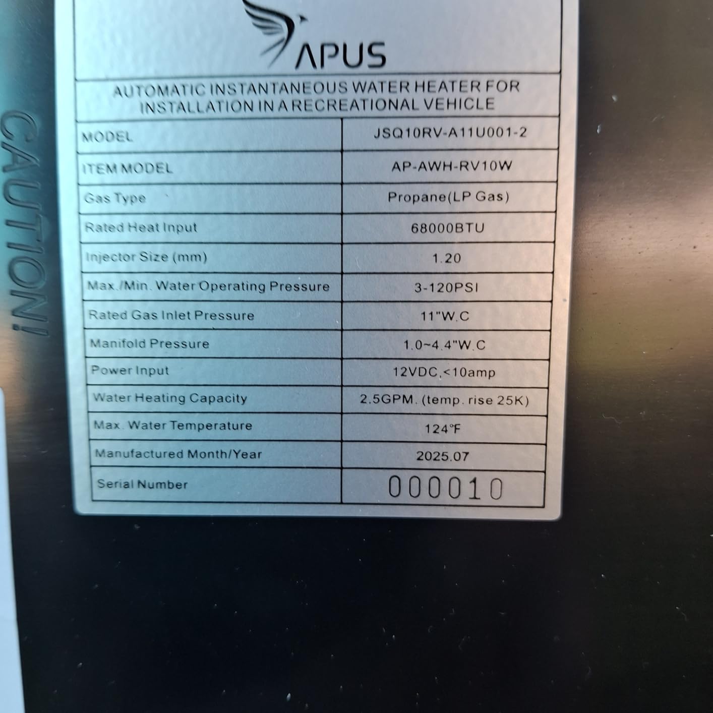 APUS RV Tankless Water Heater, 68,000 BTU Propane Gas On Demand Instant Hot Water Heater with Black Door, 12V, 3.9 GPM, High Altitude Available, Multi-function Controller, Compatible with All RVs Customer Review APUS RV Tankless Water Heater, 68,000 BTU Propane Gas On Demand Instant Hot Water Heater with Black Door, 12V, 3.9 GPM, High Altitude Available, Multi-function Controller, Compatible with All RVs - Customer Photo 1