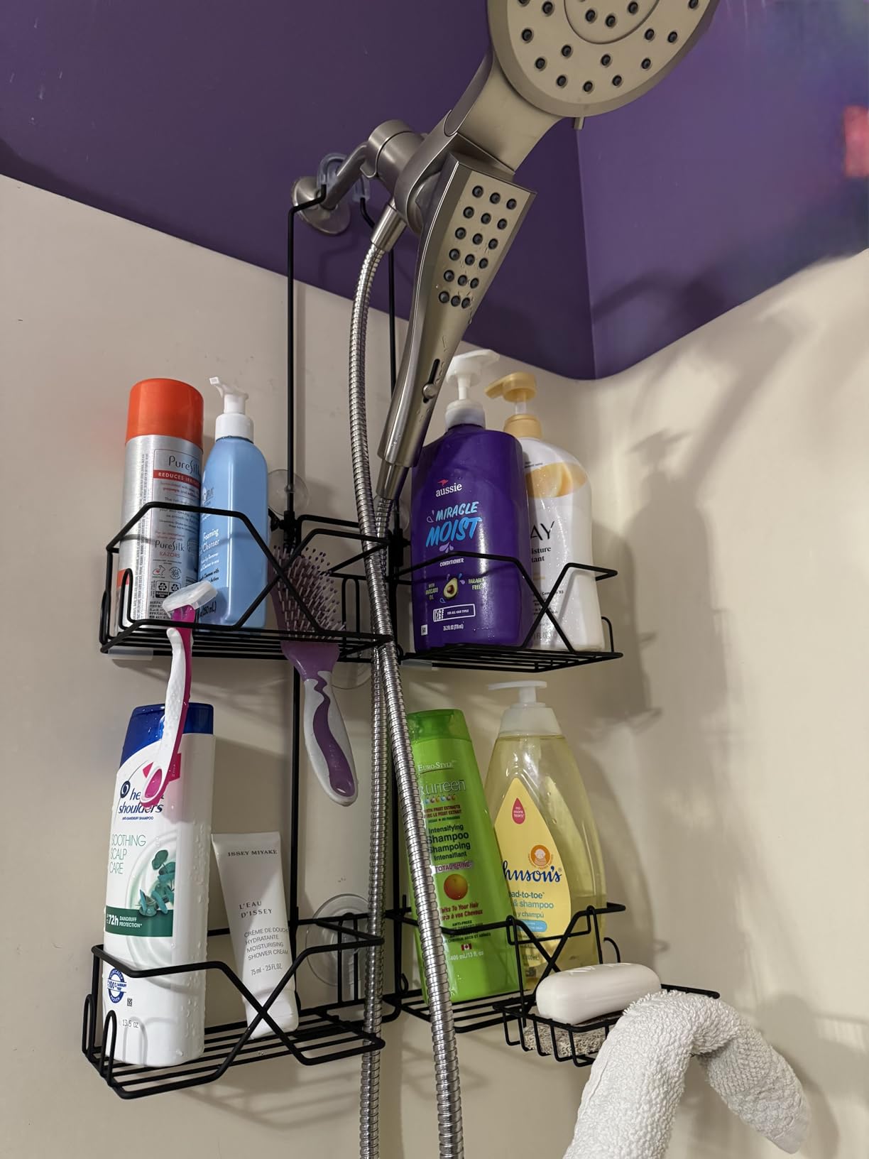 Stainless Steel Shower Caddy for Handheld Shower Heads,Rustproof Hose Shower Organizer Adjustable Length Shower Rack with 24 Hooks,Razor Holder,Soap Holder Customer Review Stainless Steel Shower Caddy for Handheld Shower Heads,Rustproof Hose Shower Organizer Adjustable Length Shower Rack with 24 Hooks,Razor Holder,Soap Holder - Customer Photo 2