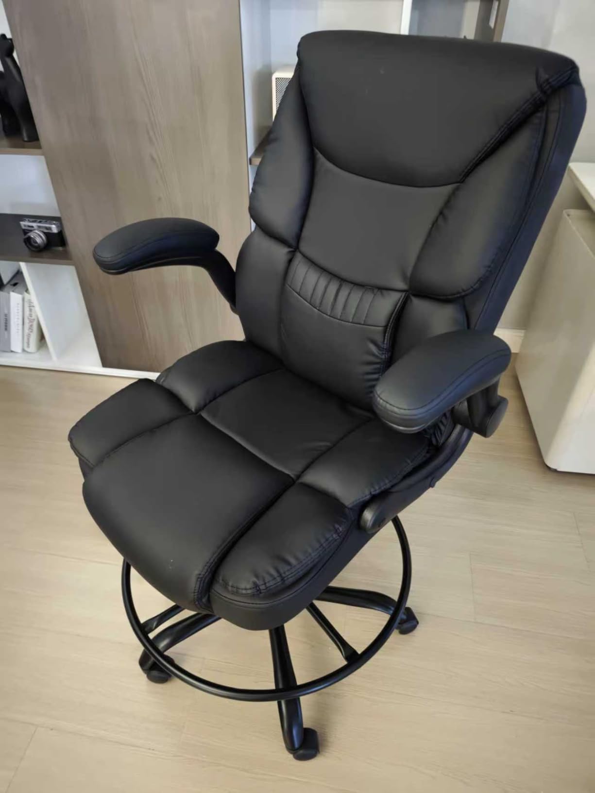 500LBS Drafting Chair, High Back Safer Standing Desk Chair, Executive Tall Office Chair with Flip-up Armrests, Upholstered PU Leather Task Chair, Ergonomic Seat with Adjustable Height&Foot Ring, Black - Customer Photo 1