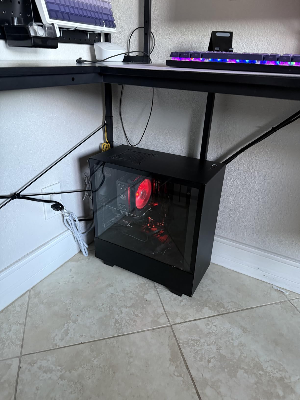 AODK L Shaped Desk Gaming Desk with LED Light & Power Outlet, 53 Inch Reversible L Shaped Computer Table with Shelf & Storage Bag & Hook for Home Office, Black - Customer Photo 1