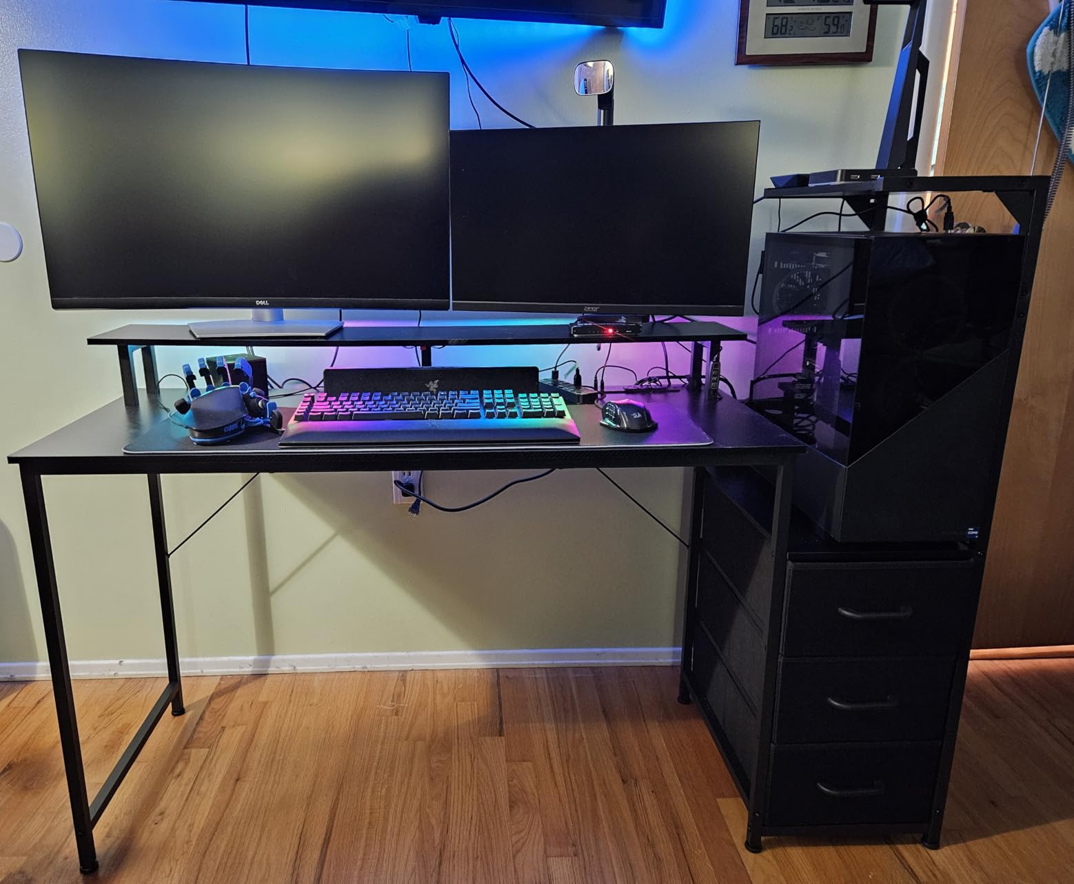 AODK 59 Inch Gaming Desk with USB Charging Ports & LED Light- Reversible Computer Desk with Storage Shelves & Monitor Stand, Modern Gamer Desk Table with Fabric Drawers & Side Hook, Carbon Fiber Black - Customer Photo 2