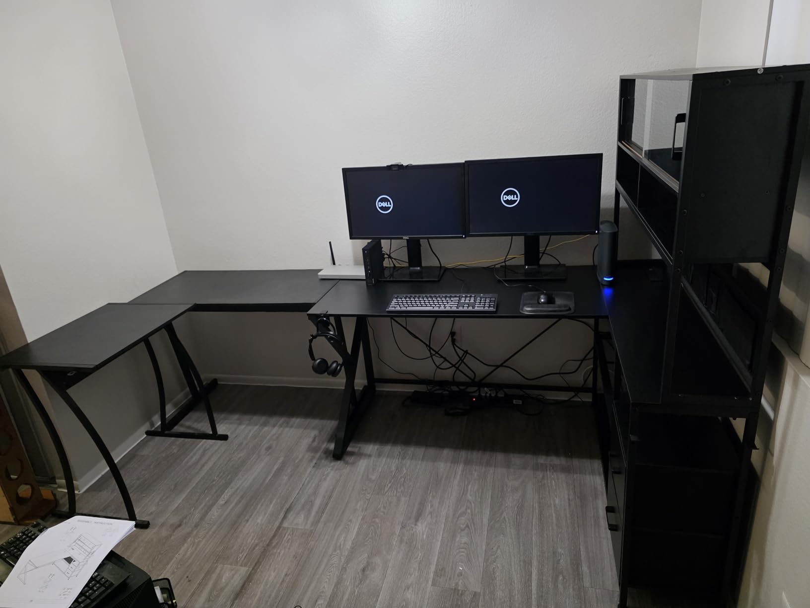 SEDETA L Shaped Gaming Desk, Home Office Computer Desk with 2 Drawer and Bookshelf, L Shaped Gaming Corner Desk with LED Light, Glass Cabinet,Storage Bag and Storage Shelves, White - Customer Photo 4