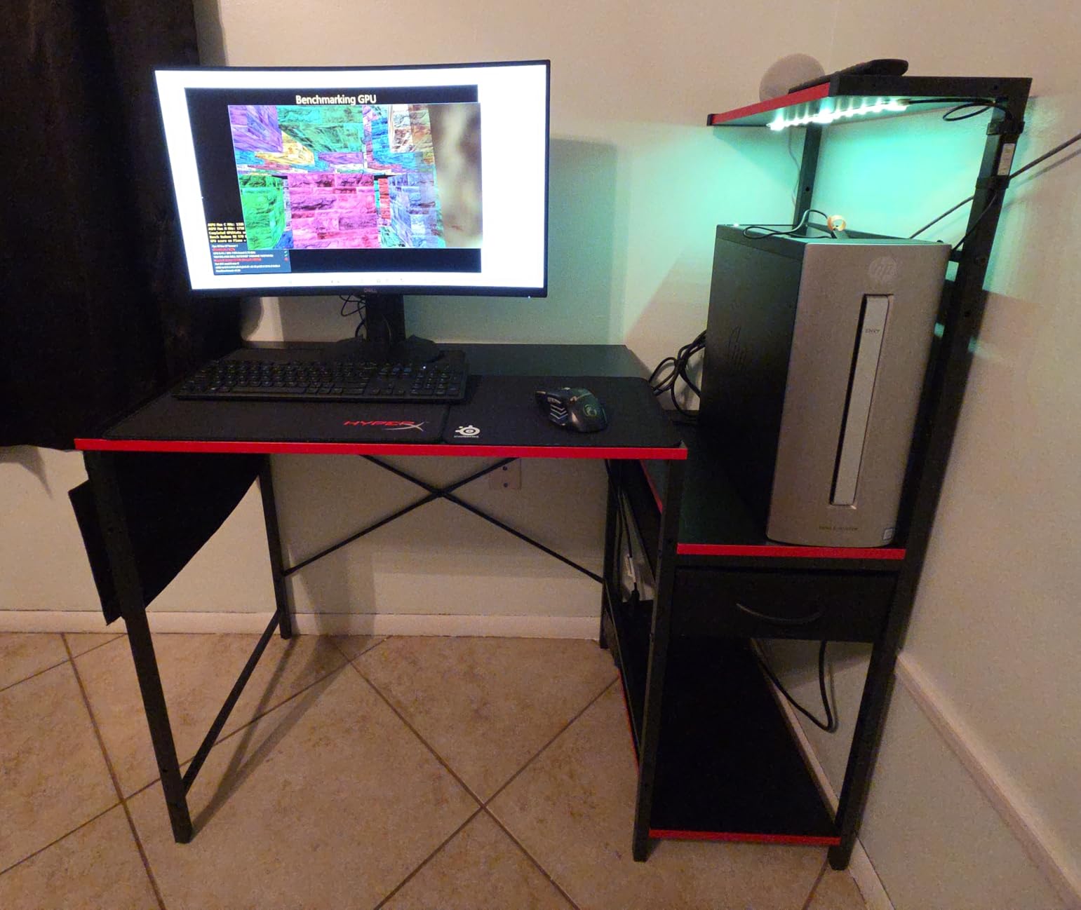 Bestier Gaming Desk with Drawer, 44 Inch Small Computer Desk with PC Shelf, Gaming Table with LED Lights for Small Spaces, Reversible Gamer Desk with Storage Bag & Side Hook, Black-RED - Customer Photo 1