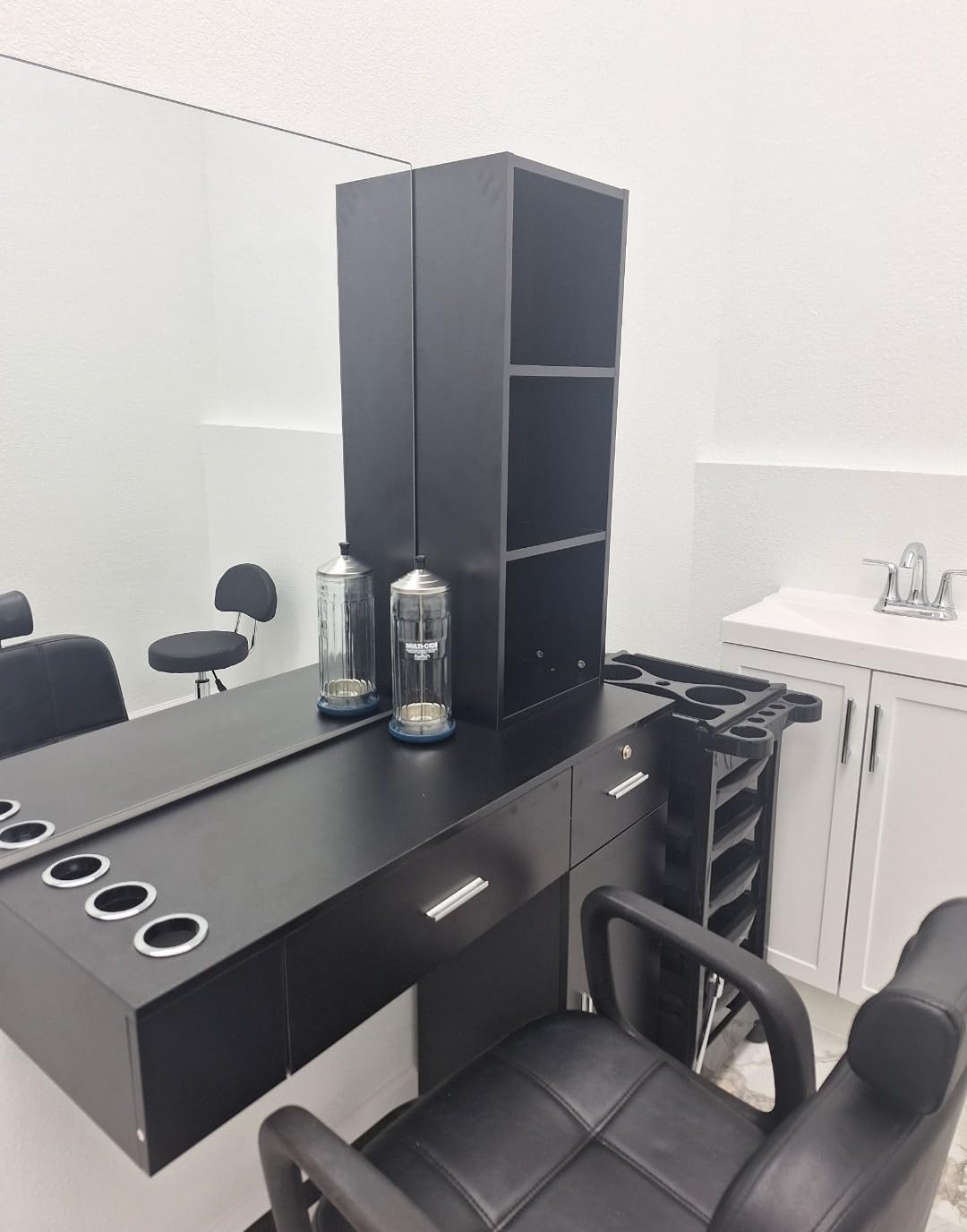 OmySalon Barber Station with Mirror, Hair Salon Station for Hair Stylist, Wall Mount Salon Beauty Spa Equipment with 3 Hair Dryer Holders & Open Shelves, 2 Drawers, 1 Storage Cabinet, Black customer photo 2