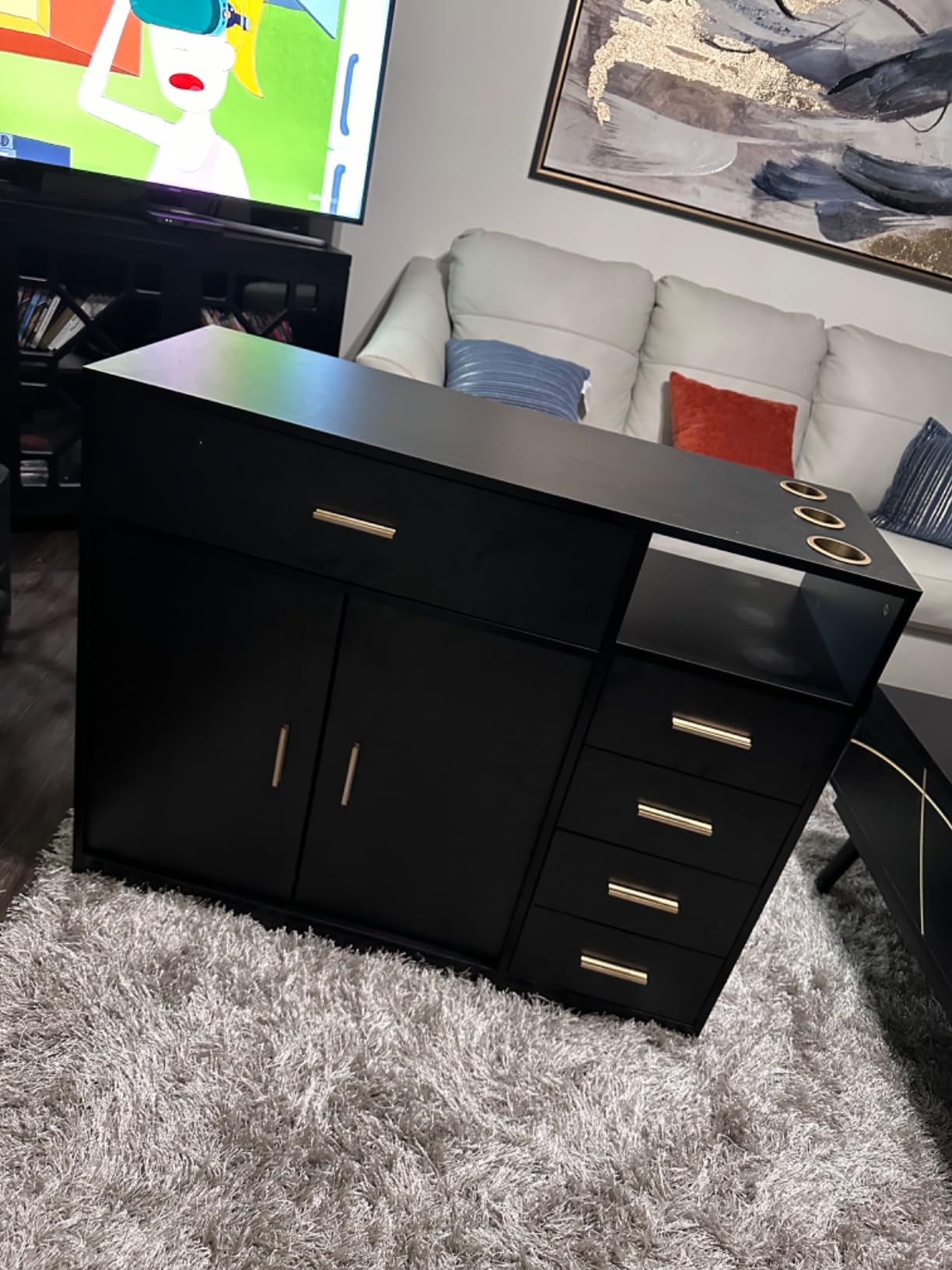 OmySalon Salon Station Free Standing Cabinet, Barber Hair Styling Stations, Beauty Spa Equipment with 5 Drawers, 1 Storage Cabinet, 3 Hair Dryer Holders, Black customer photo 1